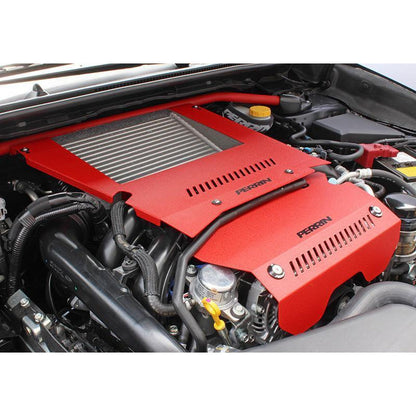 Red Perrin engine cover kit for Subaru WRX 2015-2020, featuring JDMuscle branding and sleek automotive design.