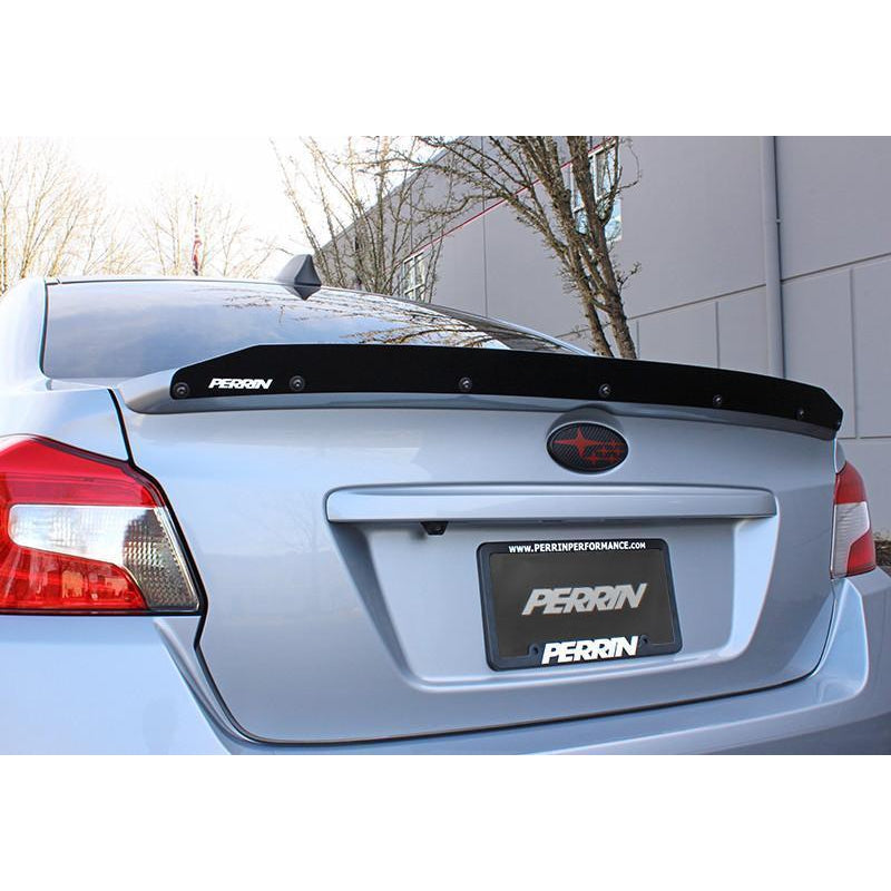 Perrin Gurney Flap for 2015-2020 Subaru WRX/STI with premium wing, black spoiler and wing accessory, JDMuscle branding visible.
