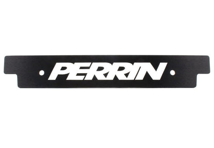 Reversible black license plate delete for 2018-2021 Subaru WRX and STI, JDMuscle brand, mounted on vehicle front bumper.