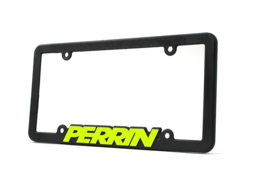 Black PERRIN license plate frame with neon yellow lettering, designed for universal fit and JDMuscle branding.