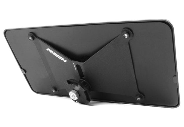 Perrin license plate holder for 2018-2021 Subaru WRX/STI with FMIC, black finish, durable metal construction, mounted on vehicle.