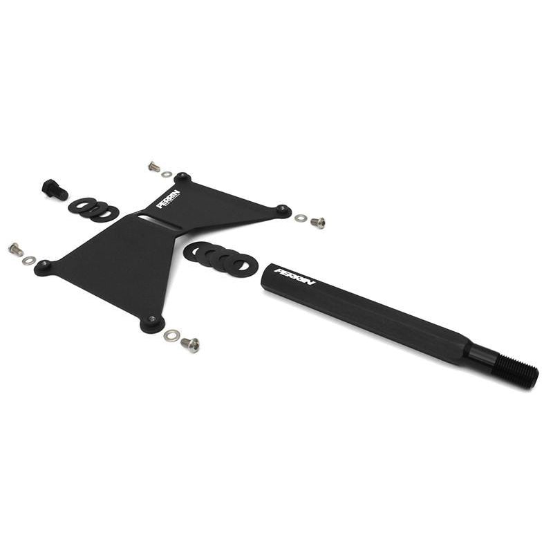 Perrin license plate holder for Subaru WRX/STI 2008-2014, black metal bracket mounted on a vehicle with a license plate.