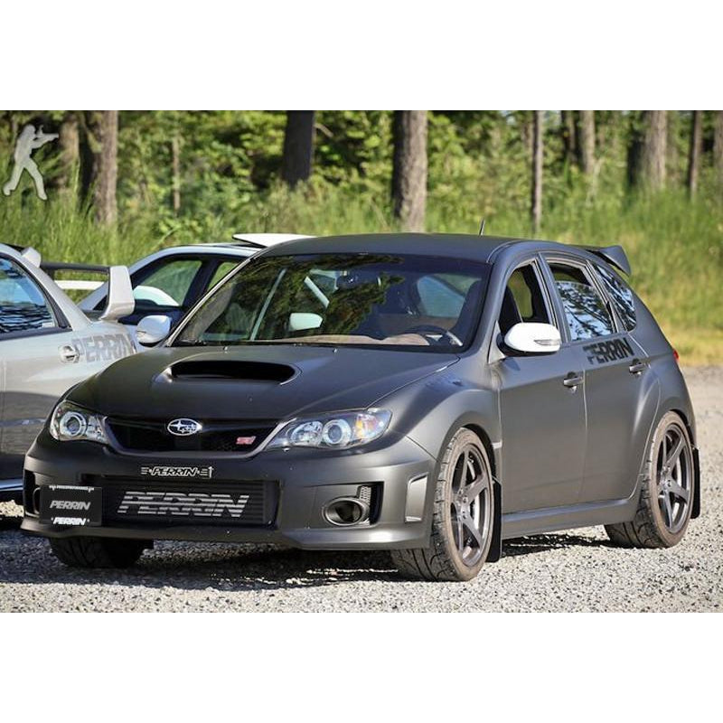 Perrin 08-14 Subaru WRX STI license plate holder by JDMuscle, black metal with Perrin logo for vehicle front or rear.
