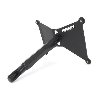 Perrin license plate holder for 2008-2014 Subaru WRX/STI, black metal with Perrin logo, designed for license plate mounting.