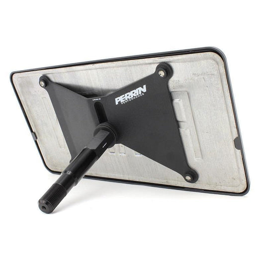 Perrin 15-17 WRX/STI license plate relocation kit by JDMuscle, showing the sleek black bracket and mounting hardware for Subaru WRX/STI.