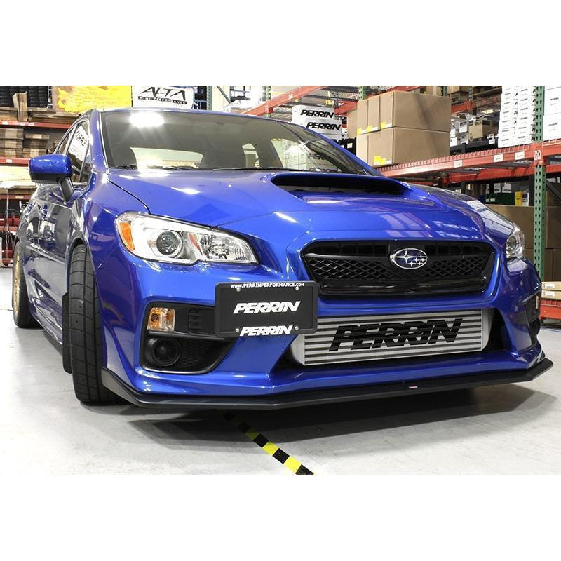 Perrin license plate relocation kit for 2015-2017 Subaru WRX/STI with FMIC, black metal bracket, and mounting hardware.