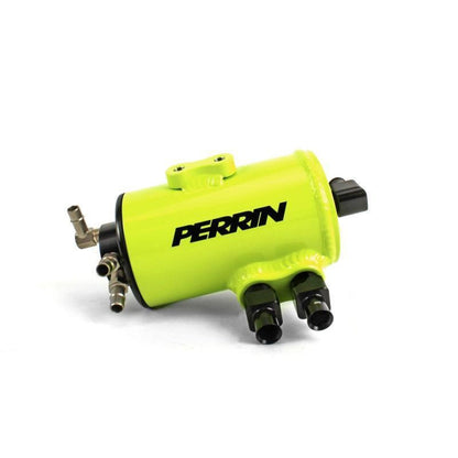 PERRIN neon yellow Air Oil Separator for Subaru WRX, STI, LGT with FMIC, mounted on engine with hoses and fittings visible.