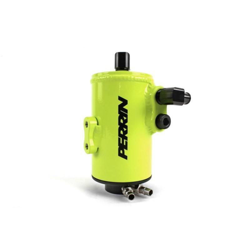 PERRIN Neon Yellow Air Oil Separator for Subaru WRX, STI, and LGT with FMIC, mounted on engine, showcasing vibrant color and design.