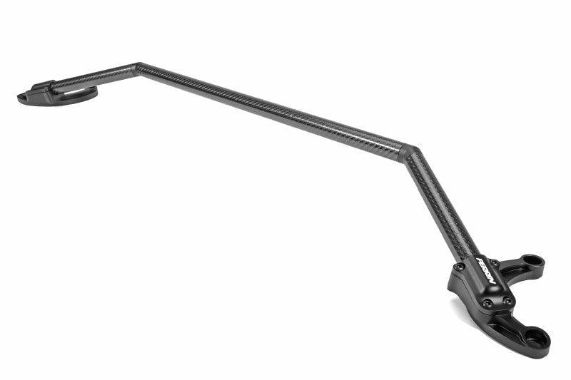 Perrin universal carbon fiber strut brace with billet feet for improved vehicle stability and performance.