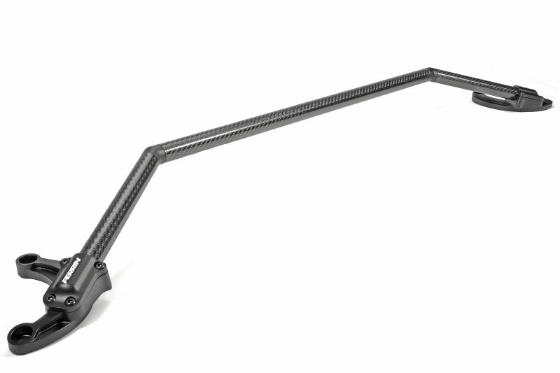 Perrin universal carbon fiber strut brace with billet feet, performance car suspension upgrade, installed in engine bay
