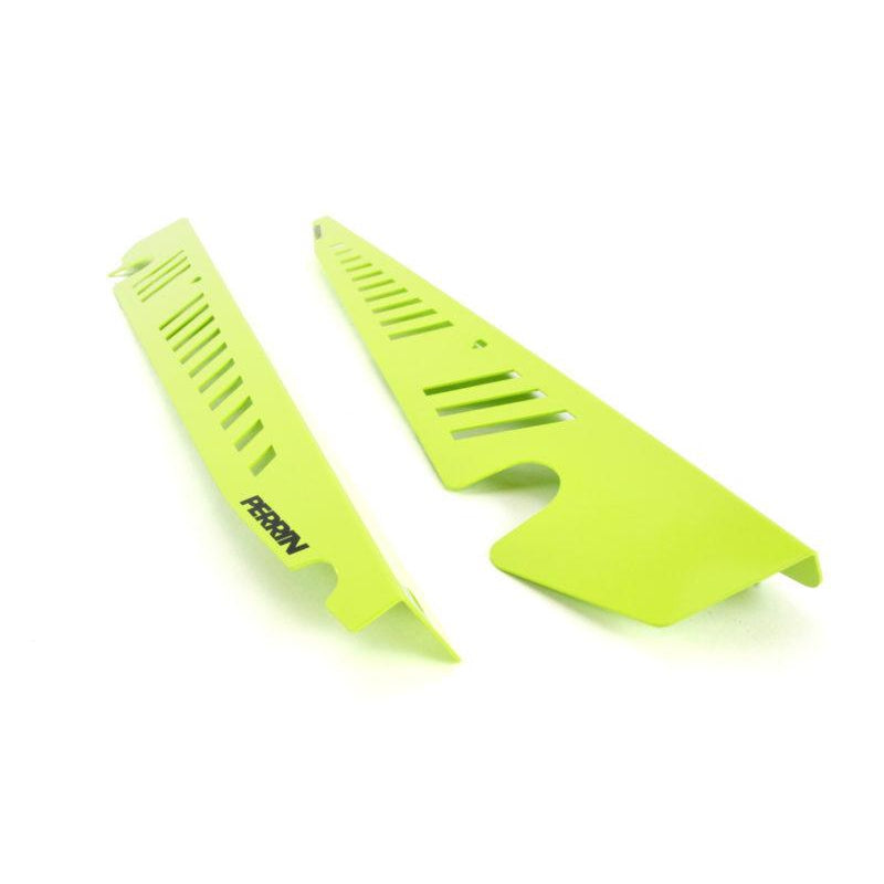 JDMuscle neon yellow PERRIN Fender Shrouds for 2015-2021 WRX STI, showing the sleek, lightweight design on a vehicle.