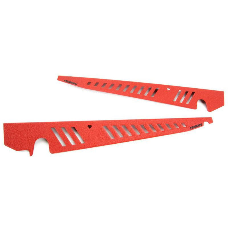 Red Perrin Performance Fender Shrouds for 2015-2021 WRX and STI, side view showing their aerodynamic design and fitment.