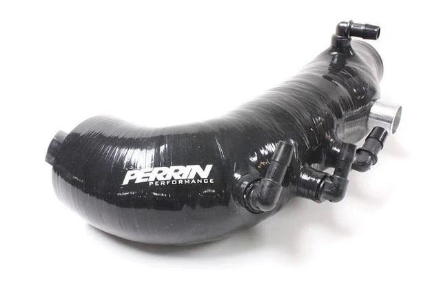 Black Perrin turbo inlet hose for 2008-2014 Subaru WRX, designed to improve airflow and performance.