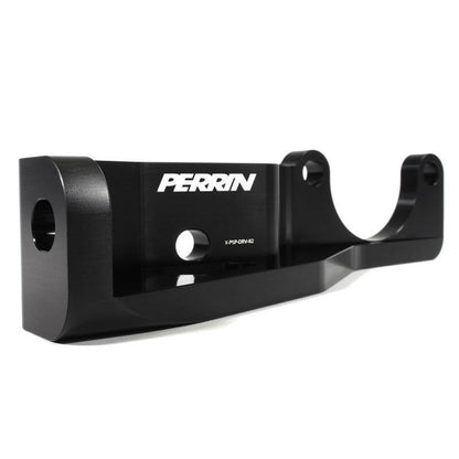 Black PERRIN Pitch Stop Mount Brace for 2015-2021 Subaru WRX/STI engine mounts, designed to improve stability and performance.