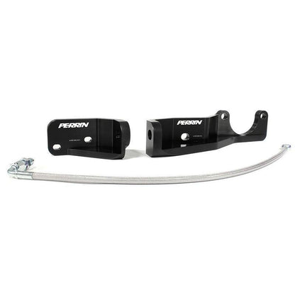 Black Perrin Pitch Stop Mount Brace for 2015-2021 Subaru WRX/STI engine mounts, designed to improve engine stability.