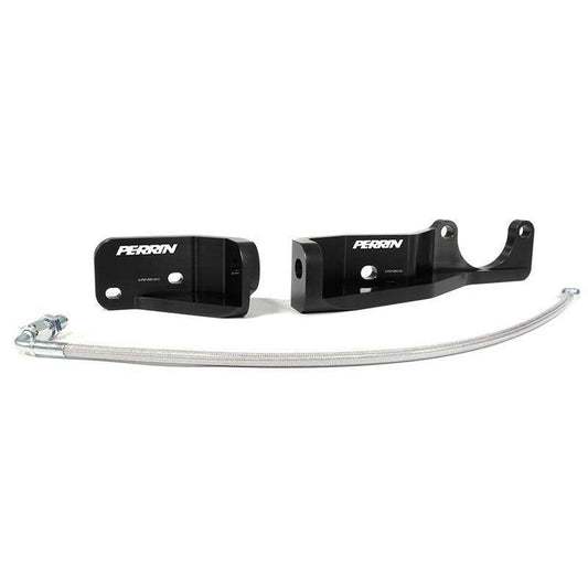Black Perrin Pitch Stop Mount Brace for 2015-2021 Subaru WRX/STI engine mounts, designed to improve engine stability.