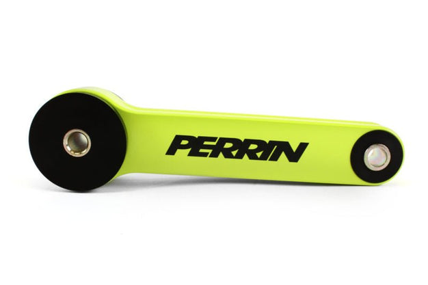 JDMuscle Perrin neon yellow pitch stop mount for 2002-2021 Subaru WRX, STI, LGT, and FXT engine stabilization component.