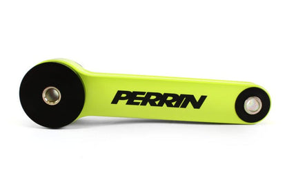 JDMuscle Perrin neon yellow pitch stop mount for 2002-2021 Subaru WRX, STI, LGT, and FXT engine stabilization component.