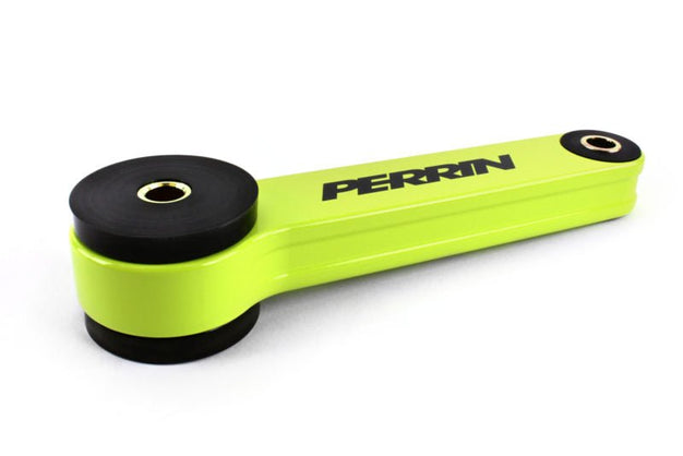 JDMuscle Perrin Neon Yellow Pitch Stop Mount for 2002-2021 Subaru WRX, STI, LGT, FXT, showcasing vibrant engine bay component.
