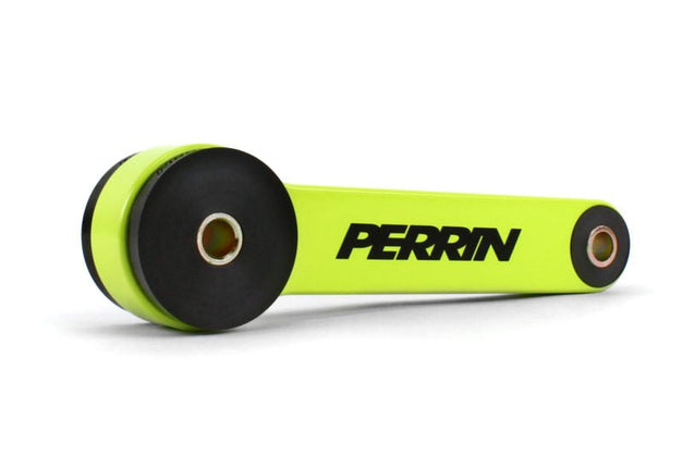 JDMuscle Perrin Neon Yellow Pitch Stop Mount for 2002-2021 Subaru WRX, STI, LGT, and FXT, close-up of vibrant yellow engine mount.
