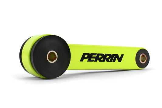 JDMuscle Perrin Neon Yellow Pitch Stop Mount for 2002-2021 Subaru WRX, STI, LGT, and FXT, close-up of vibrant yellow engine mount.