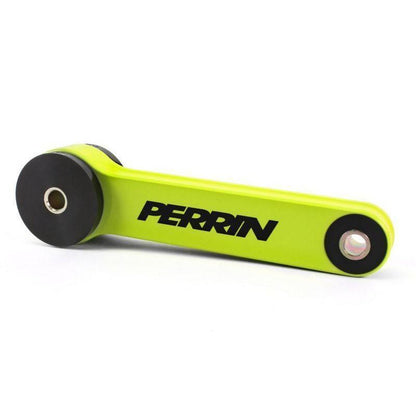 Perrin Neon Yellow Pitch Stop Mount for Subaru WRX, STI, LGT, and FXT engines, JDMuscle brand, close-up of engine mount.