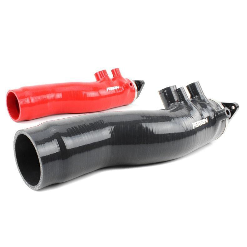 Red PERRIN 15-21 WRX turbo inlet hose with nozzle, 3-inch diameter, designed for Subaru WRX turbocharged engines.