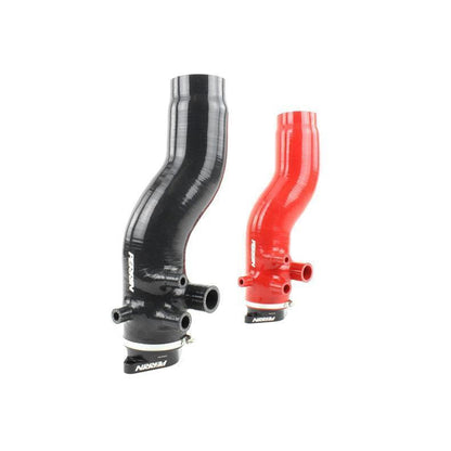 Red PERRIN 15-21 WRX Turbo Inlet Hose with Nozzle, 3-inch diameter, designed for Subaru WRX turbocharger upgrade.