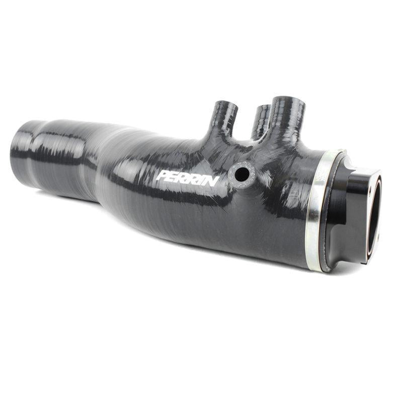 Red PERRIN 15-21 WRX Turbo Inlet Hose with nozzle, 3-inch diameter, designed for Subaru WRX turbocharger inlet pipe.