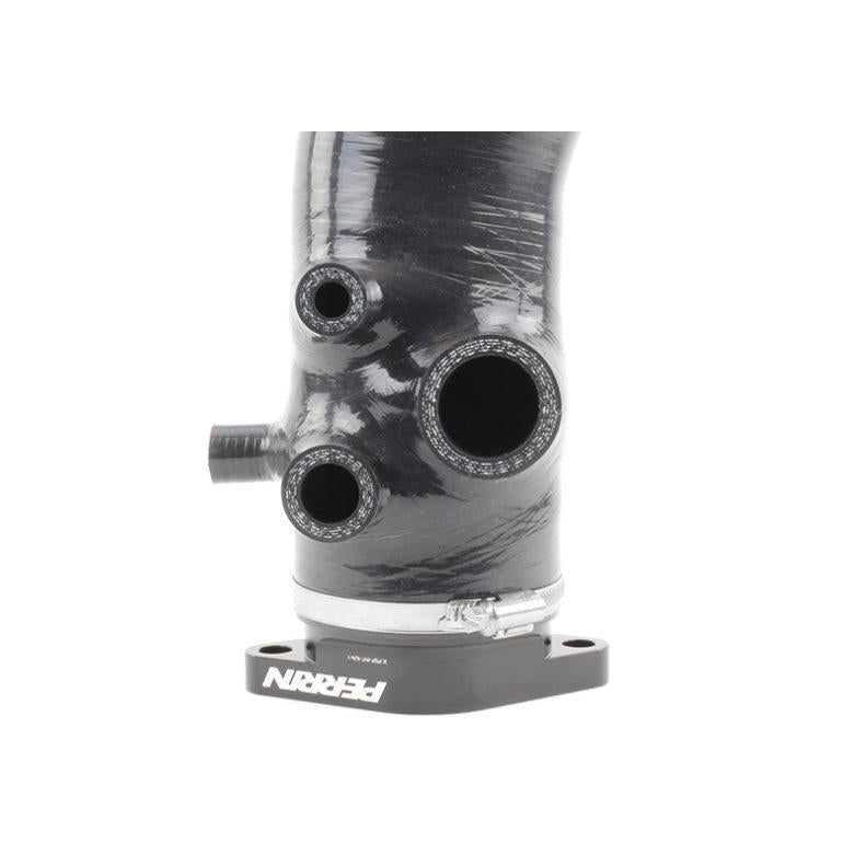 Red PERRIN 15-21 WRX turbo inlet hose with nozzle, 3-inch diameter, designed for Subaru WRX turbocharger intake system.