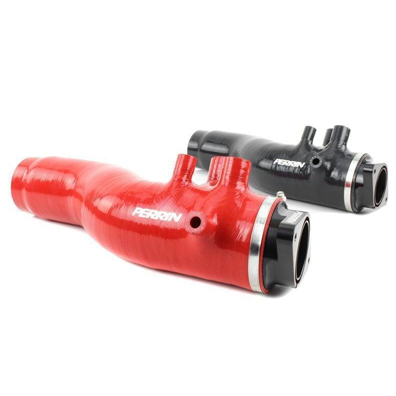 Red PERRIN 15-21 WRX turbo inlet hose with nozzle, 3-inch diameter, designed for Subaru WRX turbo intake system.