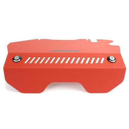 Red Perrin alternator pulley cover for Subaru WRX 2015-2021, designed to enhance engine bay appearance and protection.