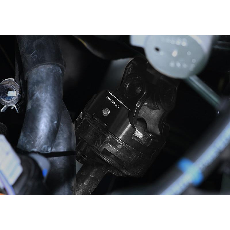 PERRIN Steering Dampener Lockdown Kit for Subaru WRX and Legacy, includes steering rack bushings and mounting hardware.