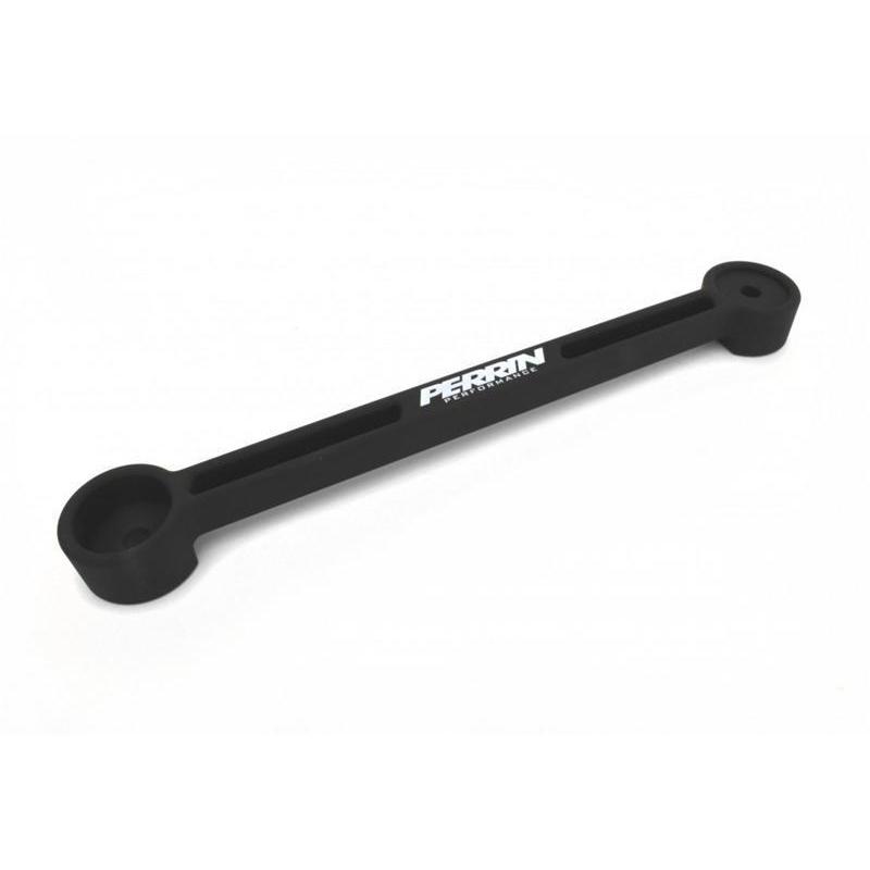 Black Perrin Stiffi Battery Tie Down for Subaru models, durable tray and strap securing vehicle batteries.