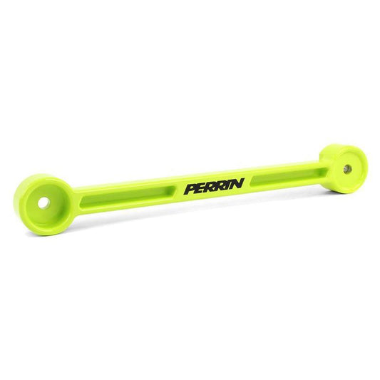 Neon yellow Perrin Subaru battery tie down and tray for most Subaru models, durable JDMuscle performance engine accessory.