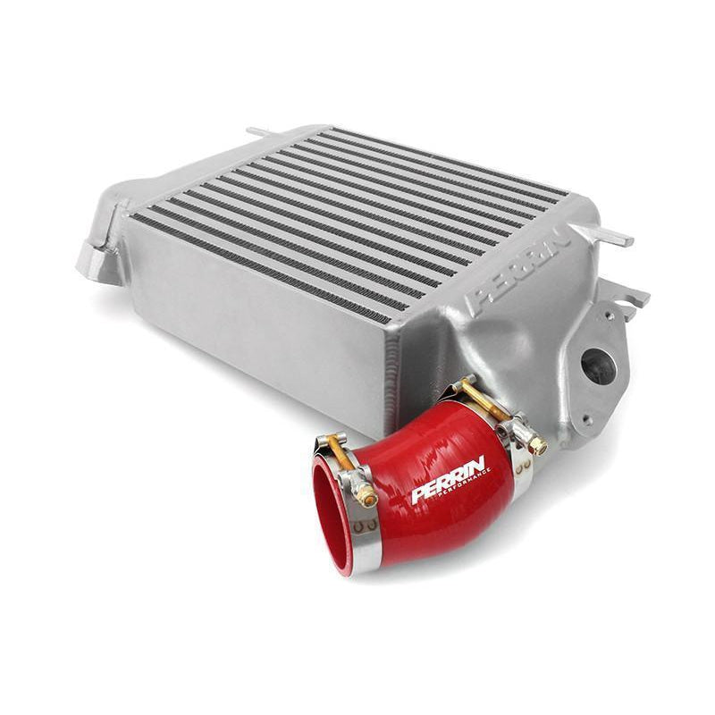 Red Perrin throttle body coupler kit for Subaru WRX and LGT, featuring high-quality silicone hoses for improved performance.
