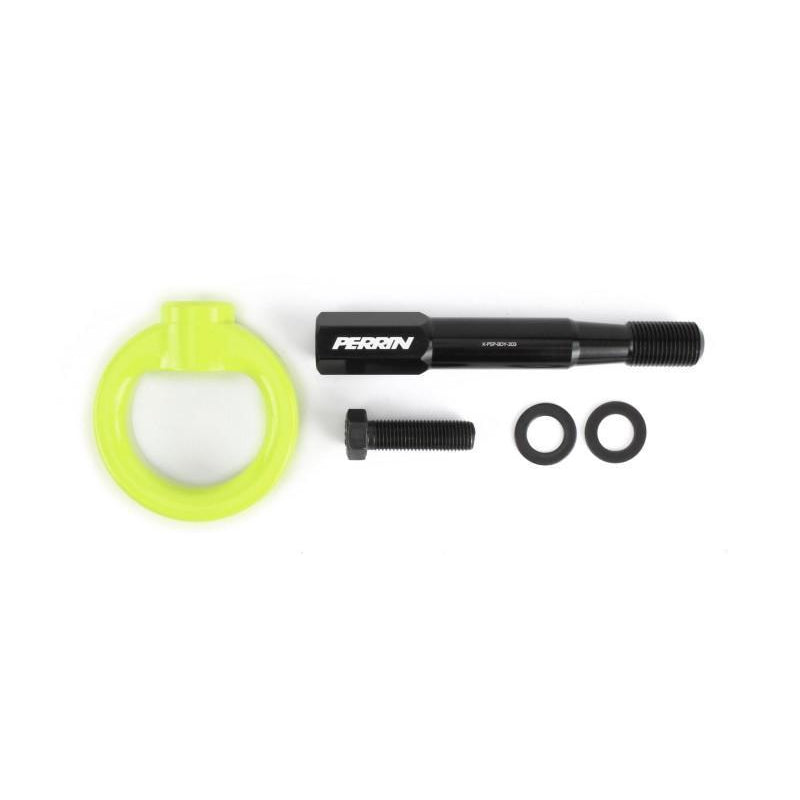 PERRIN front tow hook kit for 2015-2017 Subaru WRX STI, JDMuscle performance tow hook installed on front bumper.