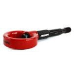 Red Perrin front tow hook for 2015-2017 Subaru WRX STI, JDMuscle performance tow hook kit on black background.