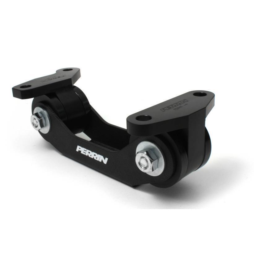 PERRIN Performance Transmission Mount Kit for Subaru WRX, STI, and BRZ; black mounts with metal accents, designed for improved stability.