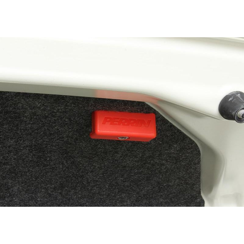 Red Perrin trunk handle knob for Subaru WRX and STI sedans 2008-2019, interior accessory with hardware, by JDMuscle