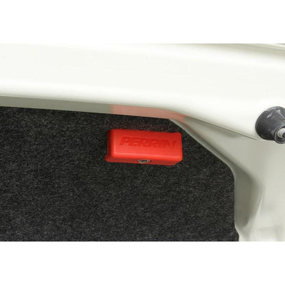 Red Perrin trunk handle knob for Subaru WRX and STI sedans 2008-2019, interior accessory with hardware, by JDMuscle