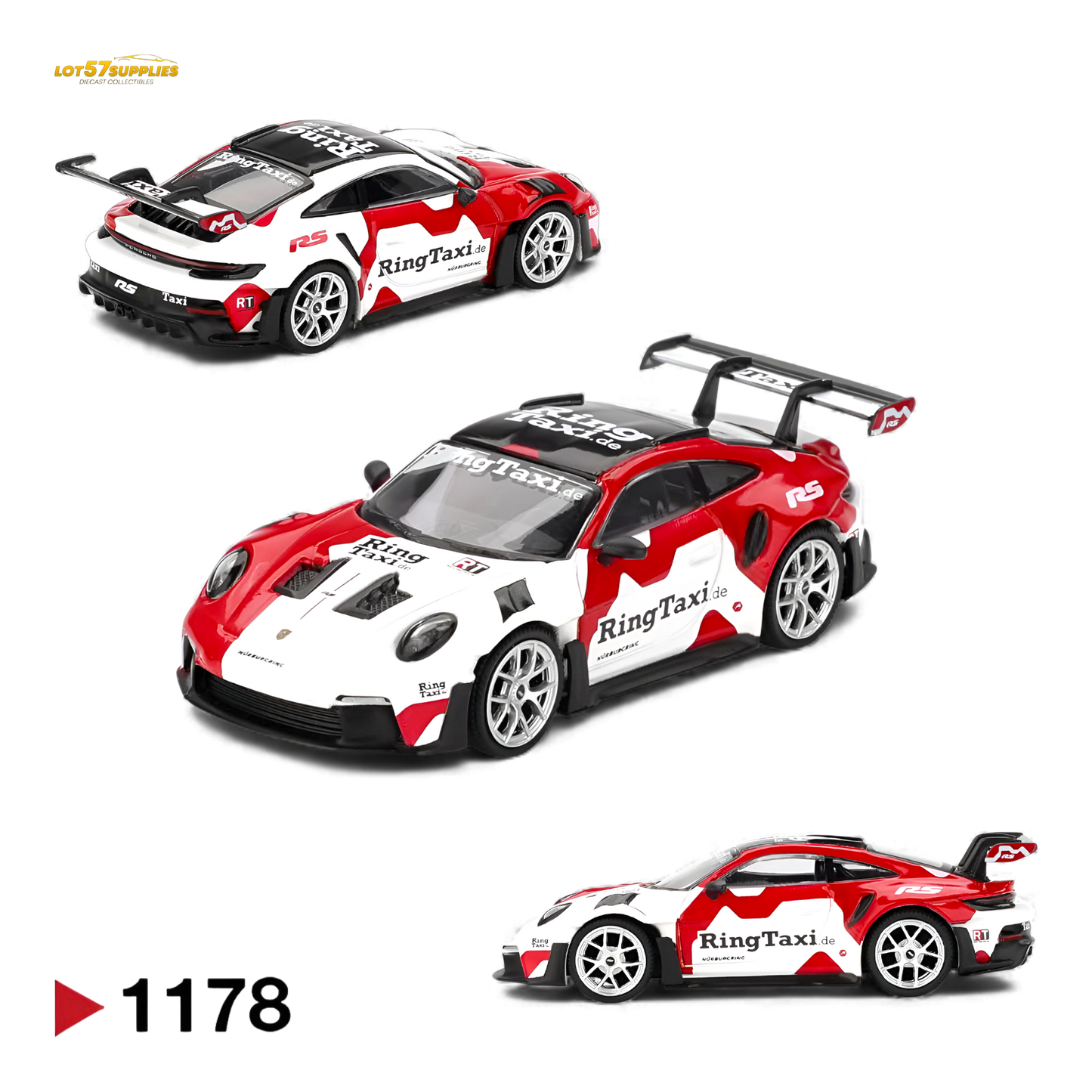 Mini GT Porsche 911 GT3 RS Weissach diecast model on display, showcasing detailed design and vibrant colors.