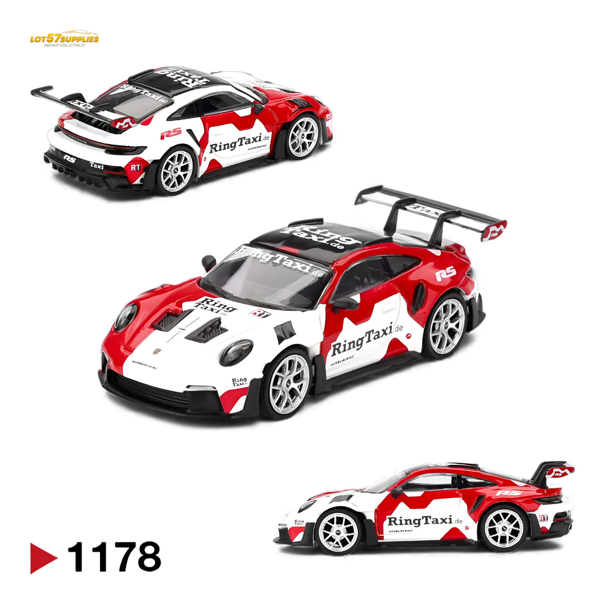 Mini GT Porsche 911 GT3 RS Weissach diecast model on display, showcasing detailed design and vibrant colors.