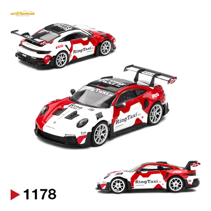 Mini GT Porsche 911 GT3 RS Weissach diecast model on display, showcasing detailed design and vibrant colors.