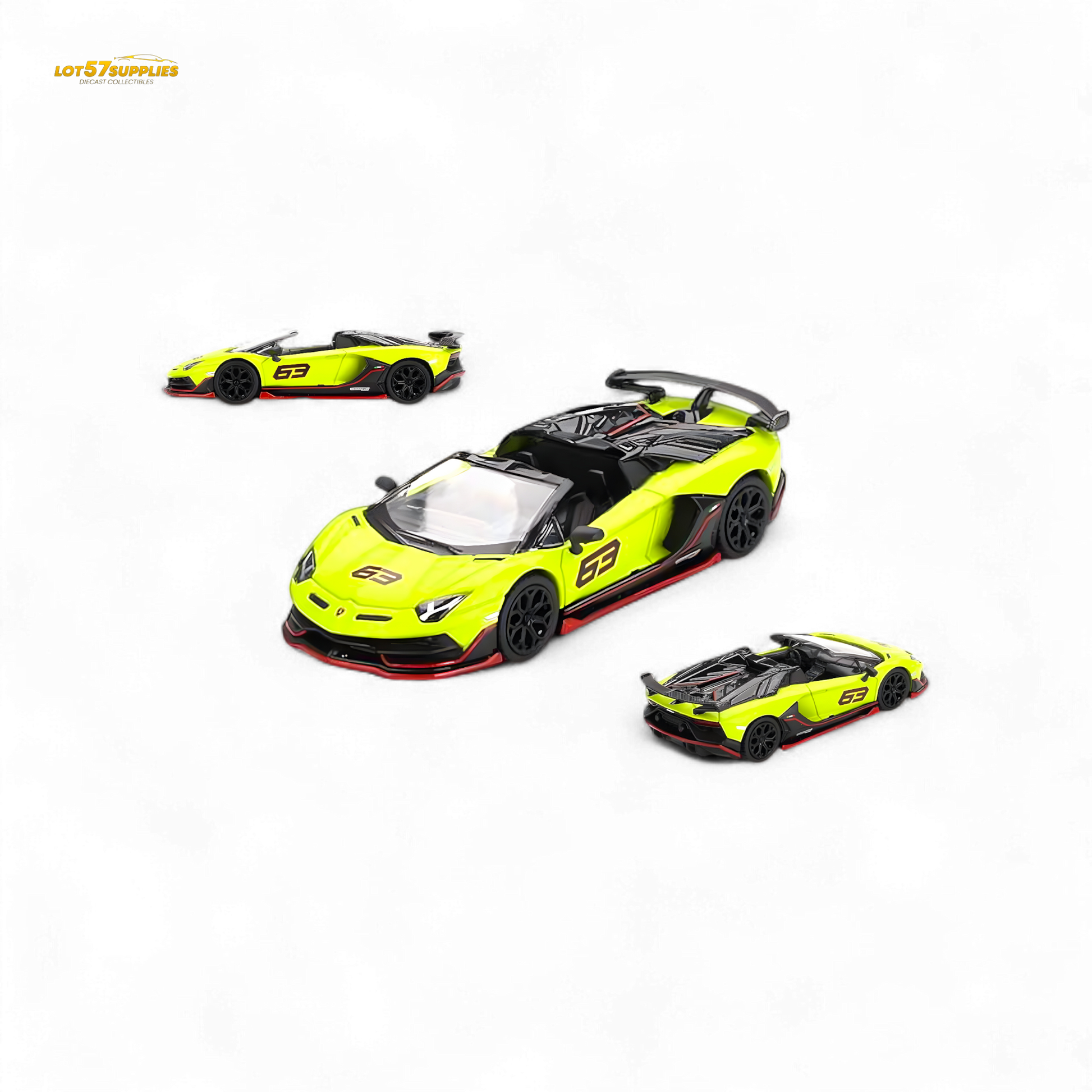Mini GT Lamborghini Aventador SVJ 63 Roadster diecast model in Verde Shock, detailed 1:64 scale collectible toy.