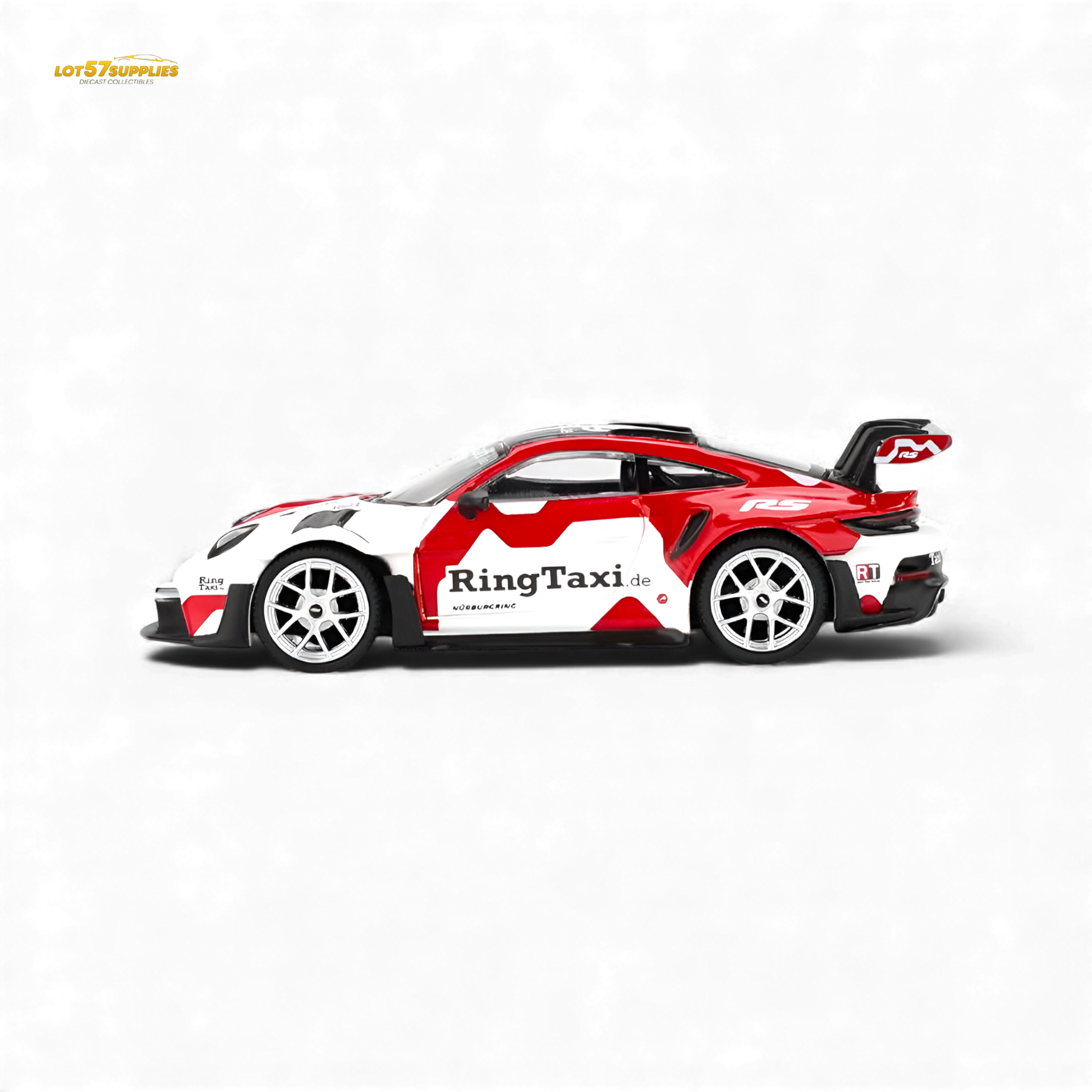 Mini GT Porsche 911 GT3 RS Weissach diecast model in 1:64 scale, detailed Porsche sports car with racing decals.