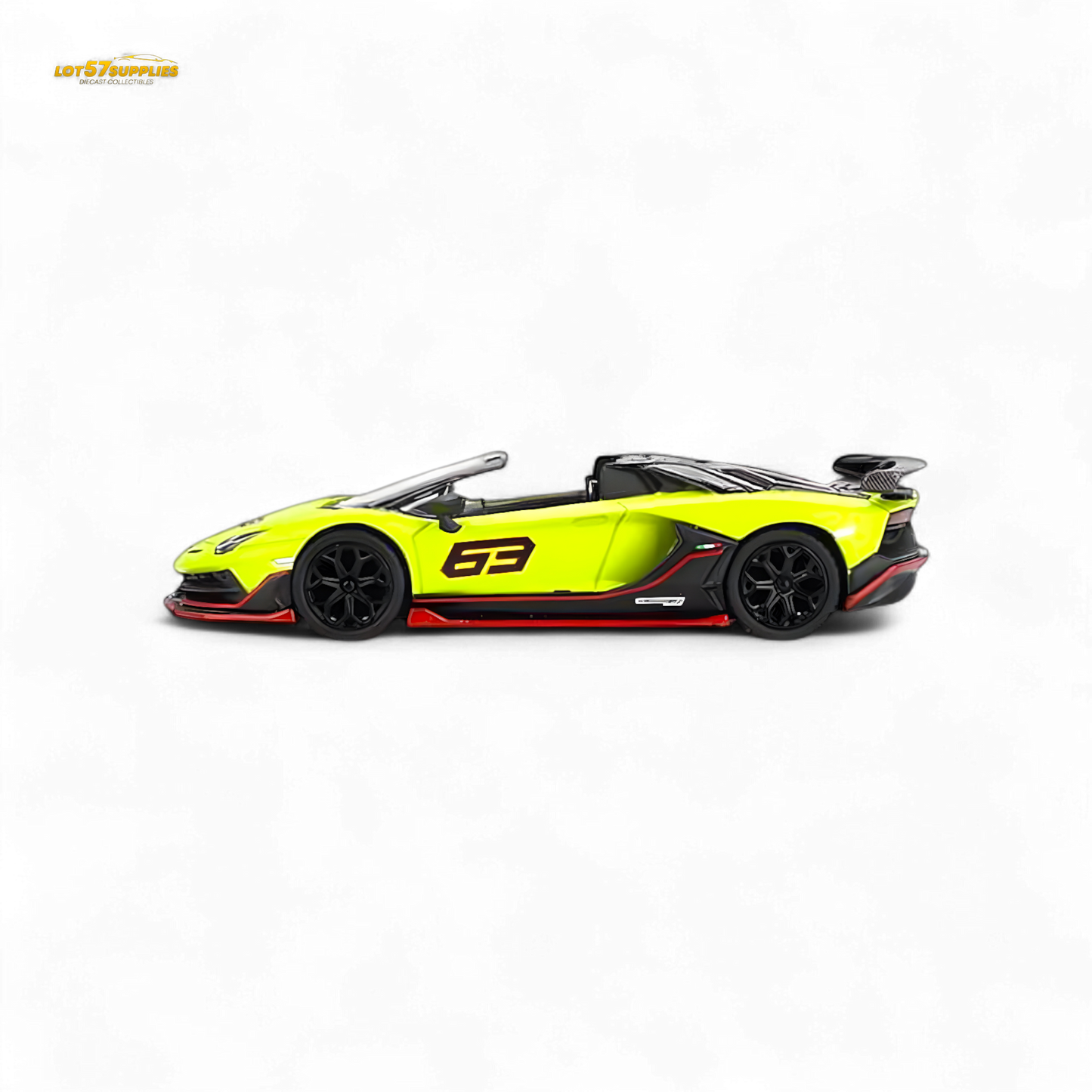 Mini-GT Lamborghini Aventador SVJ 63 Roadster diecast model in Verde Shock, 1:64 scale, detailed Lamborghini collectible toy