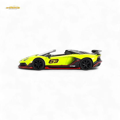 Mini-GT Lamborghini Aventador SVJ 63 Roadster diecast model in Verde Shock, 1:64 scale, detailed Lamborghini collectible toy