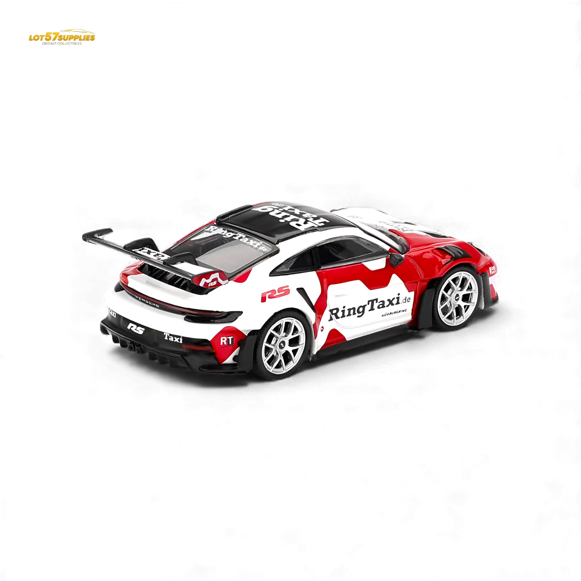 Mini GT Porsche 911 GT3 RS Weissach diecast model on white background, detailed 1:64 scale Porsche sports car.