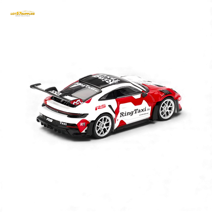 Mini GT Porsche 911 GT3 RS Weissach diecast model on white background, detailed 1:64 scale Porsche sports car.